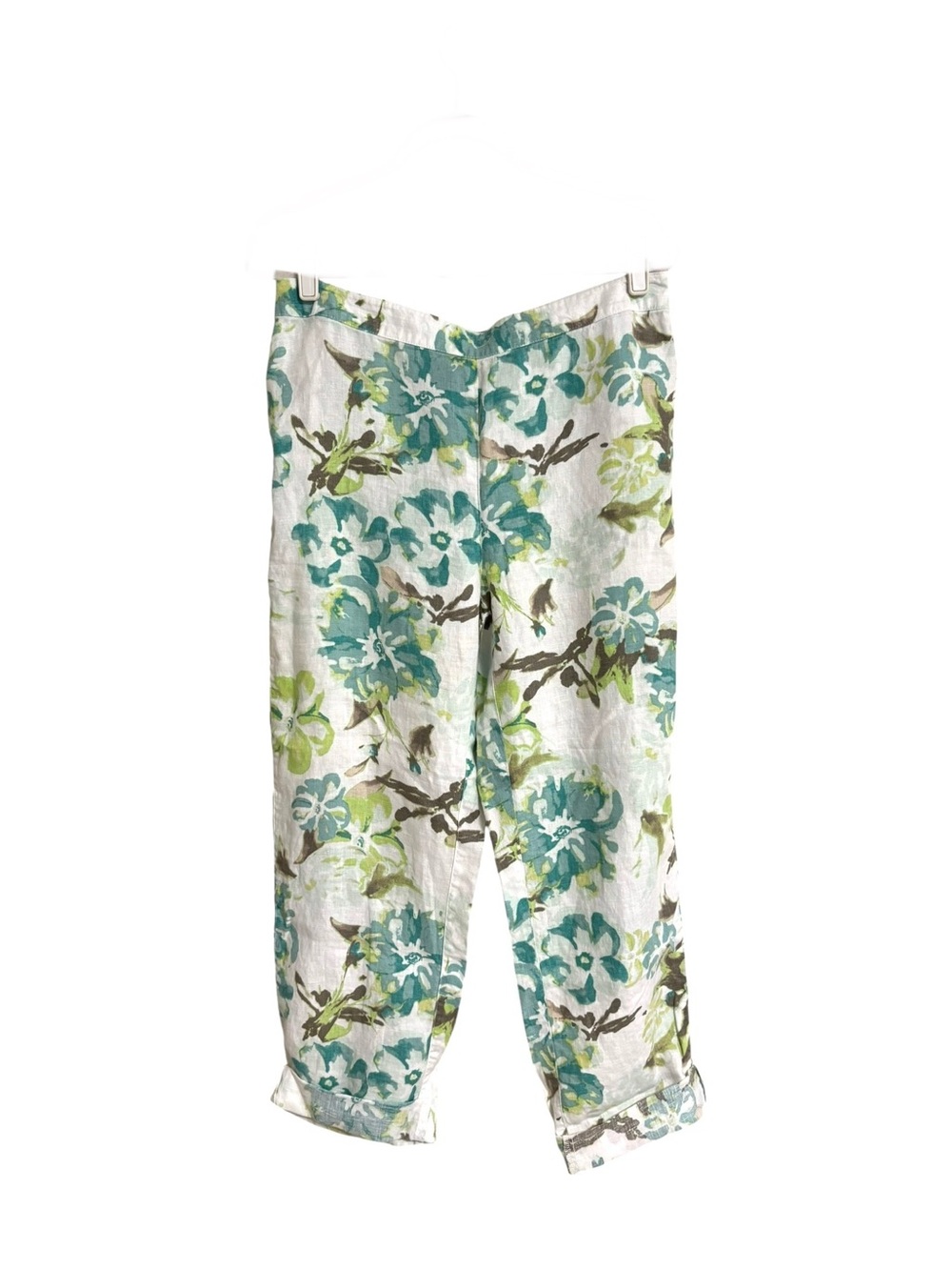 Chico’s blue green floral botanical garden print summer linen pull on pants M - Picture 2 of 11